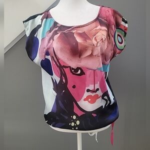 Desigual Floral Print Multicolor Modal Short Sleeve Blouse Size M Artsy Galery